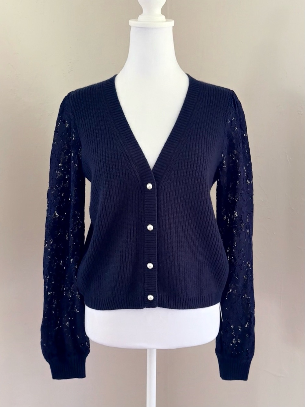 Cami NYC Beth V-Neck Lace-Sleeve Cardigan w/ Faux Pearl Buttons in Navy Blue S